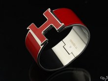 Hermes Red Enamel Clic H Bracelet Narrow Width (33mm) In Silver